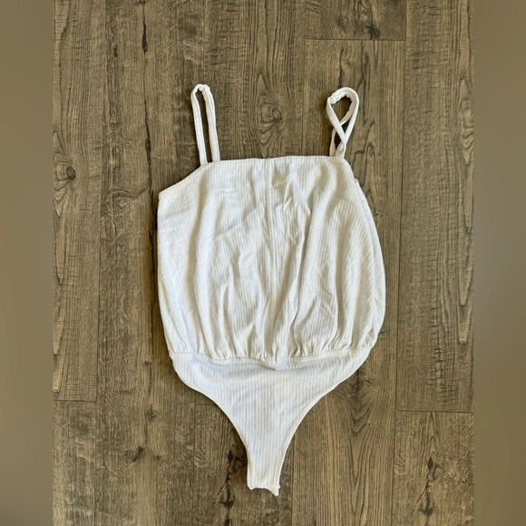 Free People Women's White Ribbed Square Neck Marissa Bodysuit - Picture 2 of 4